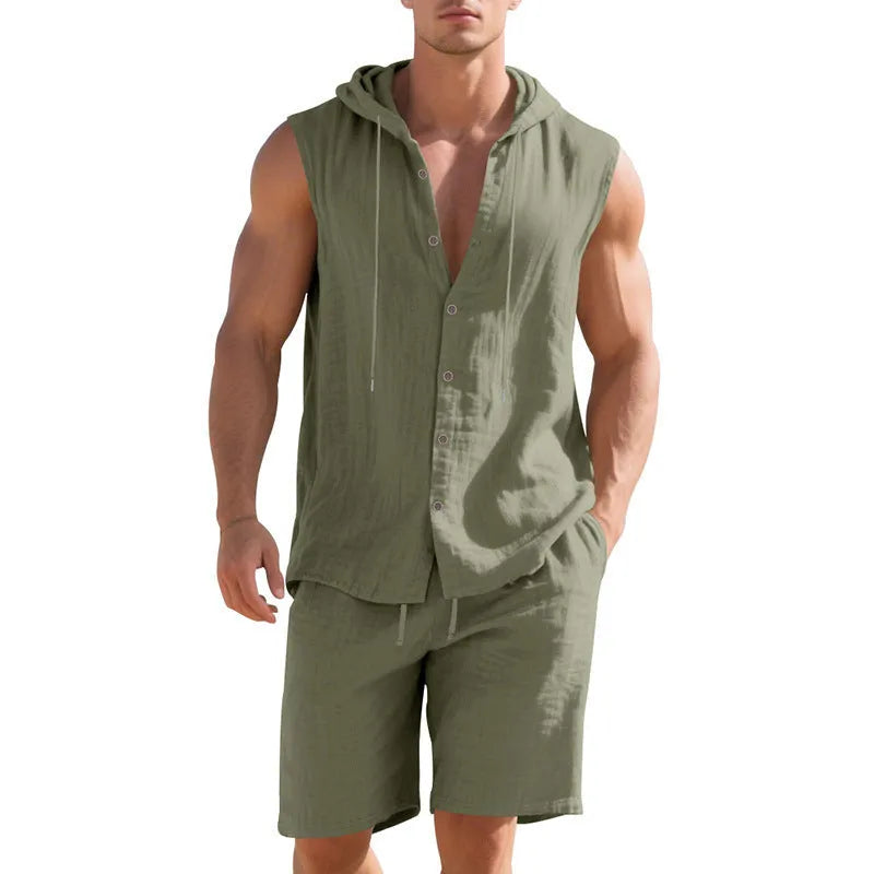 Men's linen sleeveless shirt and shorts suit in multiple colour options