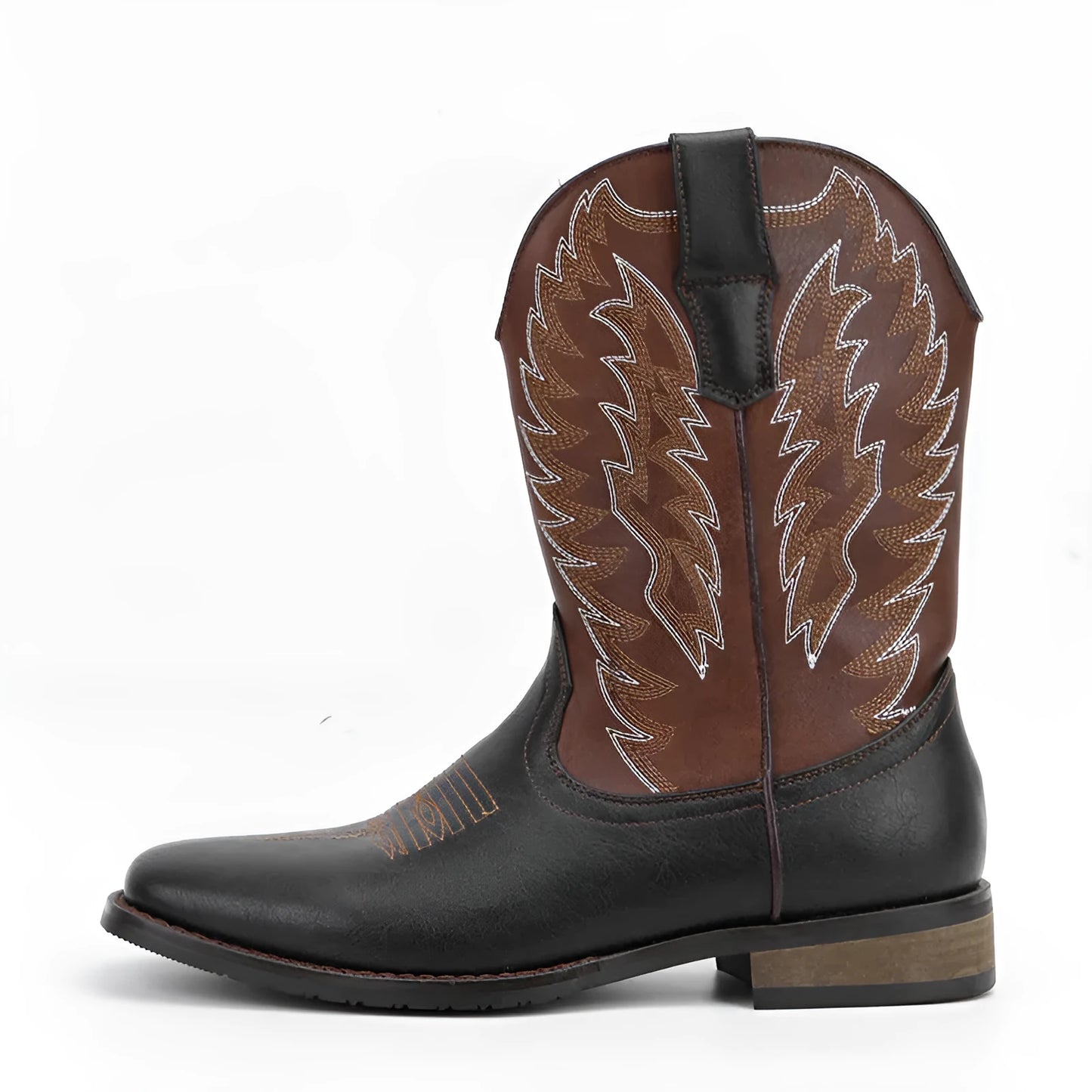 Men's black square toe denim-style motorcycle boots with mid-calf shaft and low wedge heel.