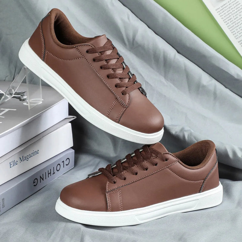 Platform skateboard sneakers with casual styling, low-top PU upper, mid-heel platform (3-5cm), round toe, shallow mouth, and rubber MD TPU sole, available in beige brown, white, black, dark blue brown, and brown across sizes 35-45
