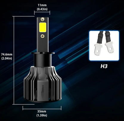 Close-up of a 6000K white LED car headlight bulb with adjustable chuck and connector, showing compact design.