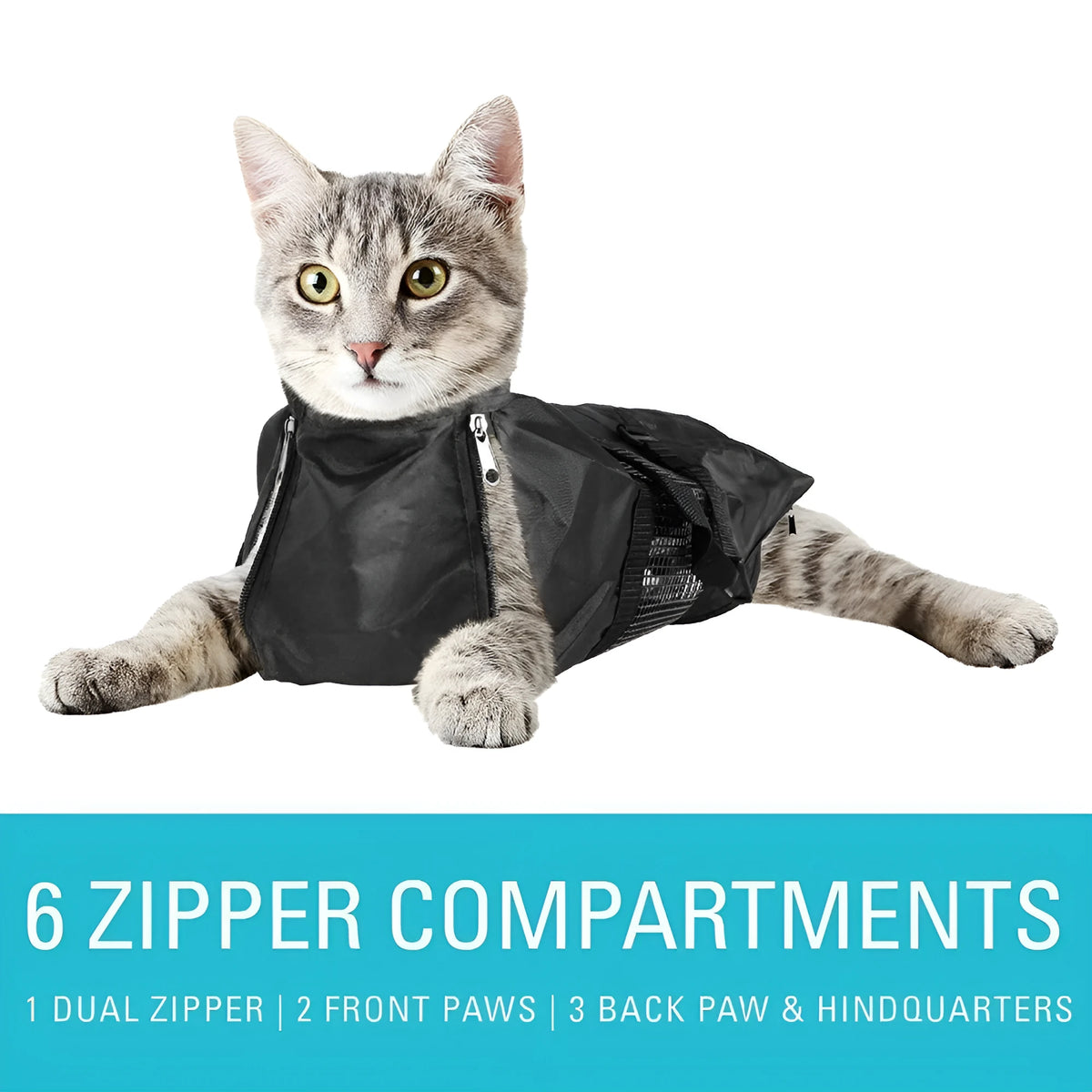 Black cat restraint bag with dimensions 28×17×2.5cm for grooming and feeding procedures