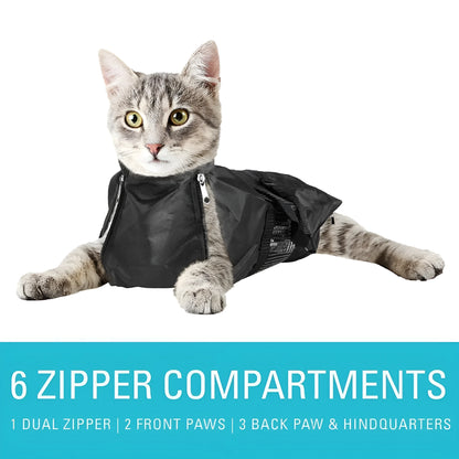 Black cat restraint bag with dimensions 28×17×2.5cm for grooming and feeding procedures