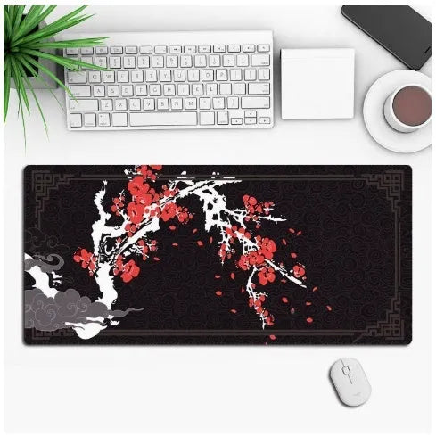 Anime-themed large black gaming mouse pad with custom graphic on a non-slip rubber cloth base.