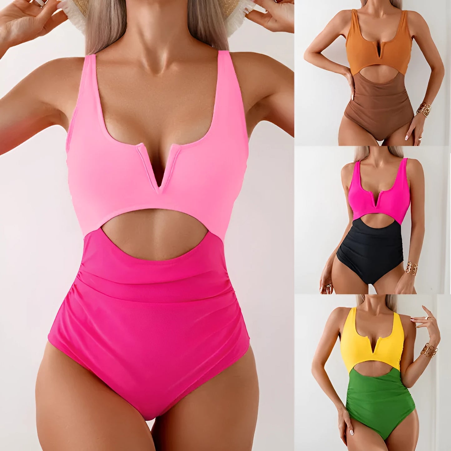 Women's contrast colour one-piece swimsuit in nylon fabric available in green, black, dark pink, and brown
