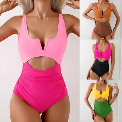 Women's contrast colour one-piece swimsuit in nylon fabric available in green, black, dark pink, and brown