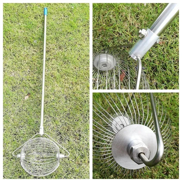 Golf ball picker accessory crafted from 304 stainless steel, designed for conveniently retrieving practice golf balls from grass, rough, and artificial turf with its durable metal construction in a metallic finish.