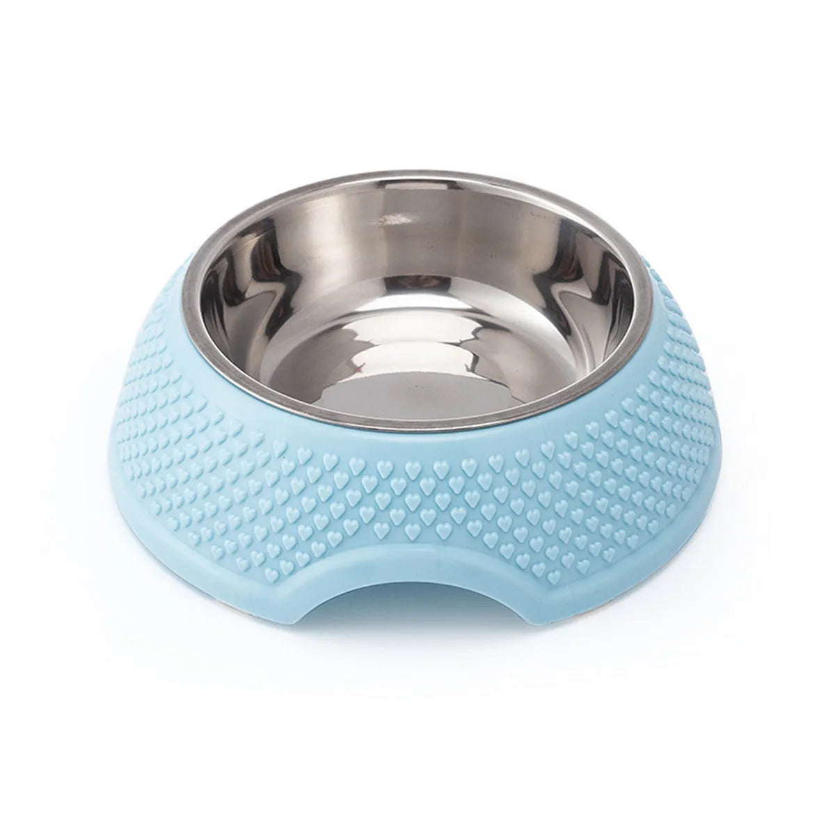 Set of four stainless steel pet bowls with non-slip bases in blue, green, and pink colours.