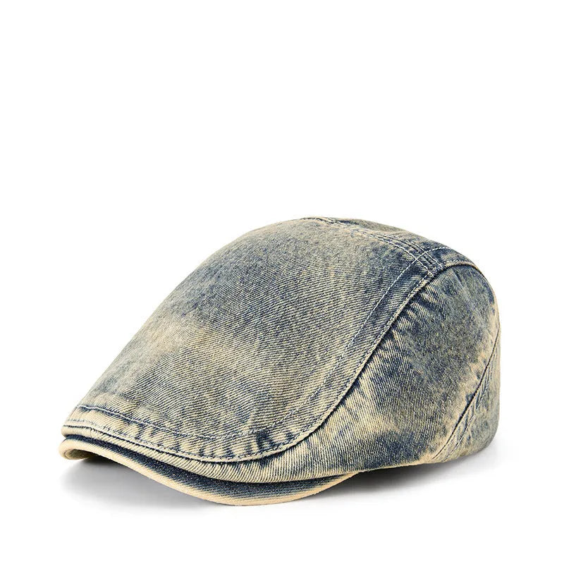 Men's flat crown denim baseball cap in washed cotton, shown in retro yellow colour