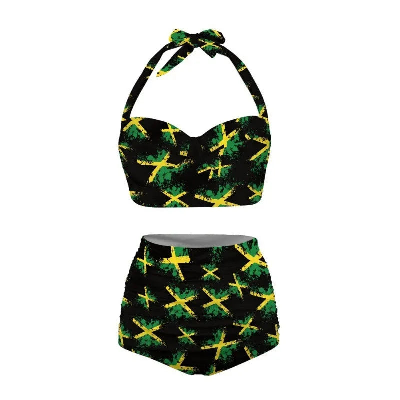 Women's halter bikini swimsuit with lace-up front detail in polyester fabric available in sizes S, M, L, XL, and 2XL in a European and American pattern style, suitable for casual surfing and beachwear.