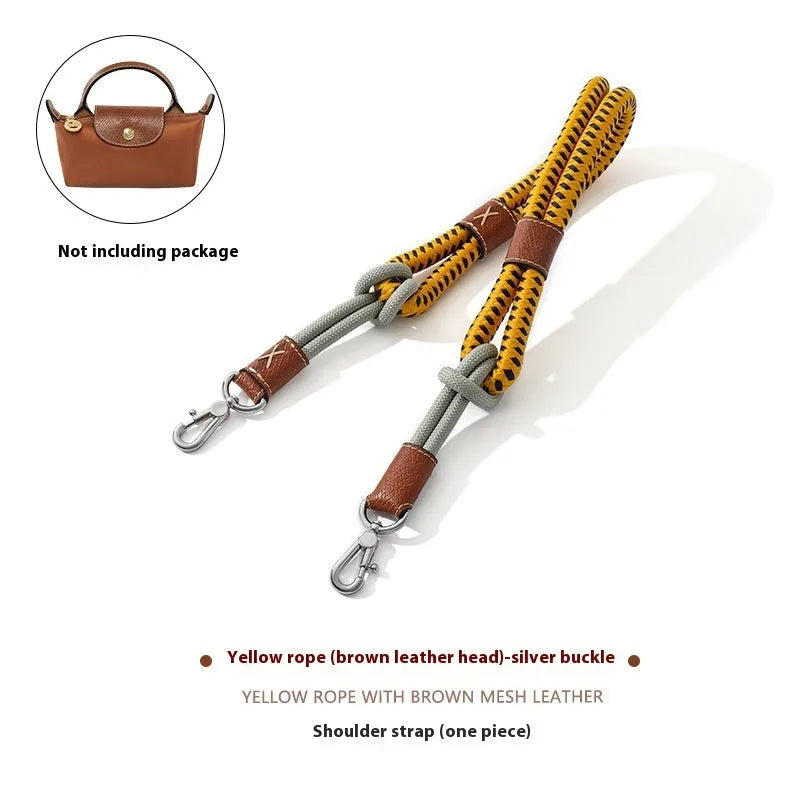 Braided rope and leather shoulder strap with a metal buckle in gold or silver finish