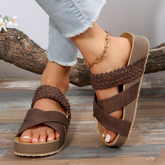 Women's woven cross-strap slippers in various colours, perfect for summer beach outings