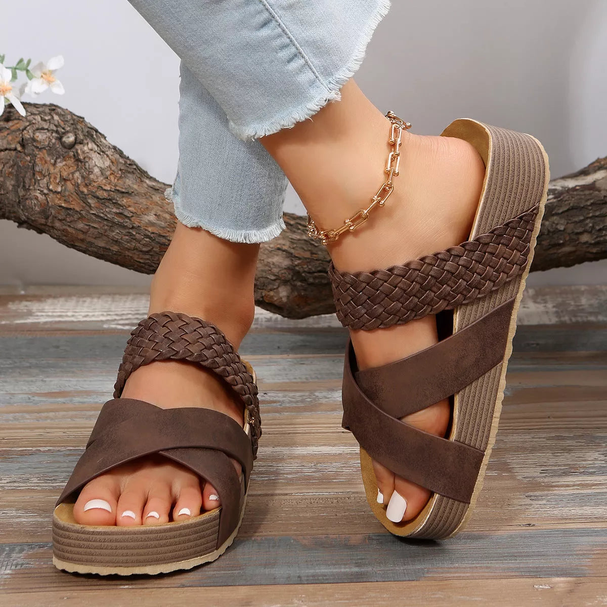 Women's woven cross-strap slippers in various colours, perfect for summer beach outings
