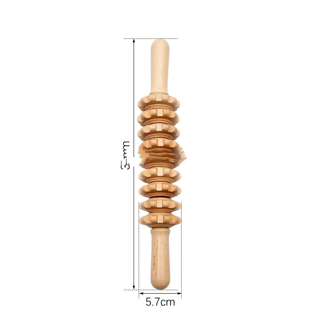 Wooden massage roller set with beechwood T-shaped roller, straight, curved and round massagers on a table.