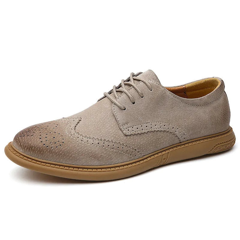 Men's black leather lace-up business shoes with a low top and rubber sole.