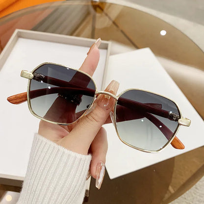 Women's frameless glasses with wood grain pattern and gold alloy frame in double blue colour.