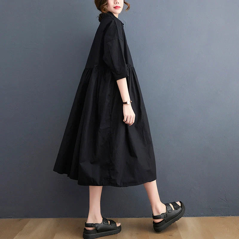 Casual loose fit linen short sleeve dress for women in white and black