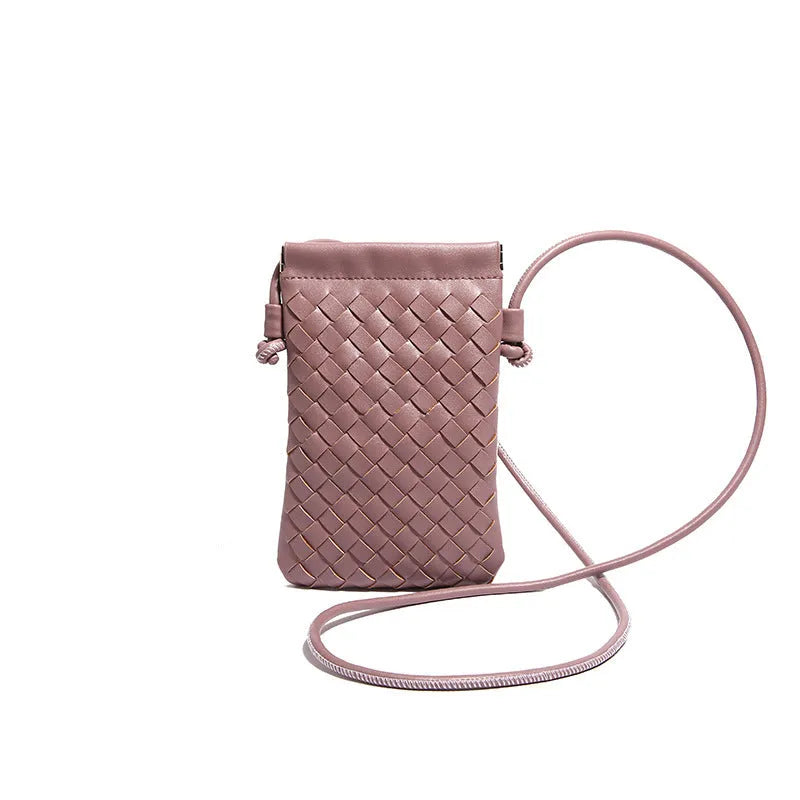 Vintage weave crossbody phone bag in pu leather showing vertical square design and dark cell interior