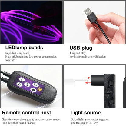 Car USB LED atmosphere lamp showing colour-changing lights installed on centre console and instrument panel