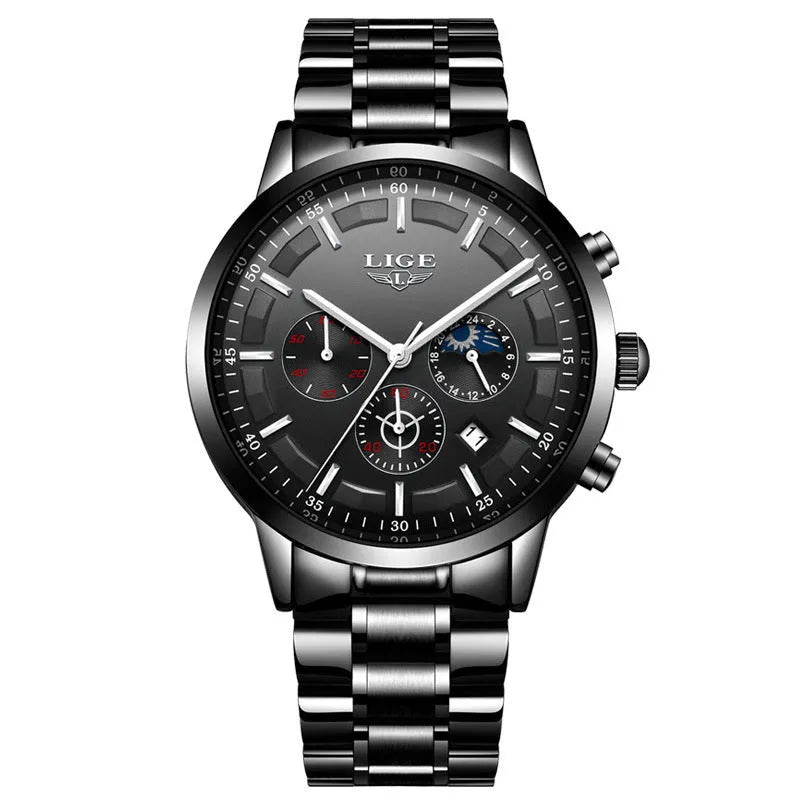 Men's waterproof sports watch in black with blue and rose gold colour options