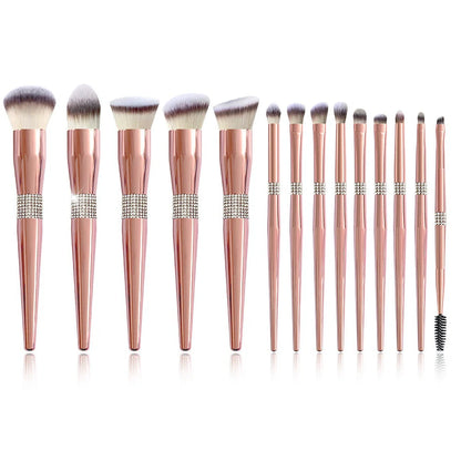 Rose gold electroplated makeup brush set with 14 pieces showing 20cm length and PU storage bag