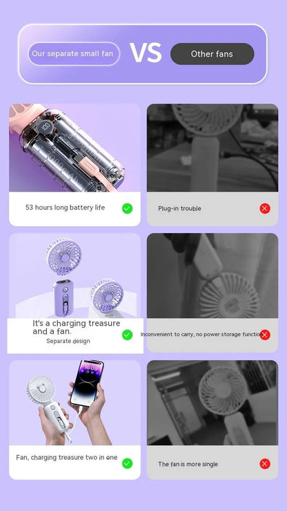 Purple handheld USB fan with power bank ports, shown with a white USB cable.