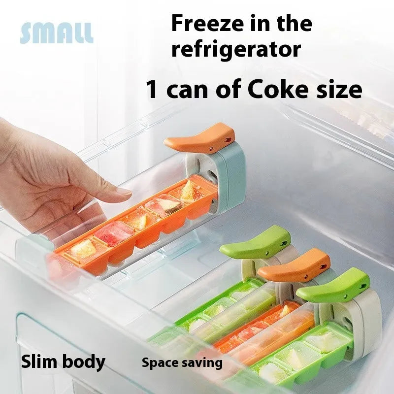 Food-grade PET press-release ice cube mould with storage box in Maldives blue and pearl white.