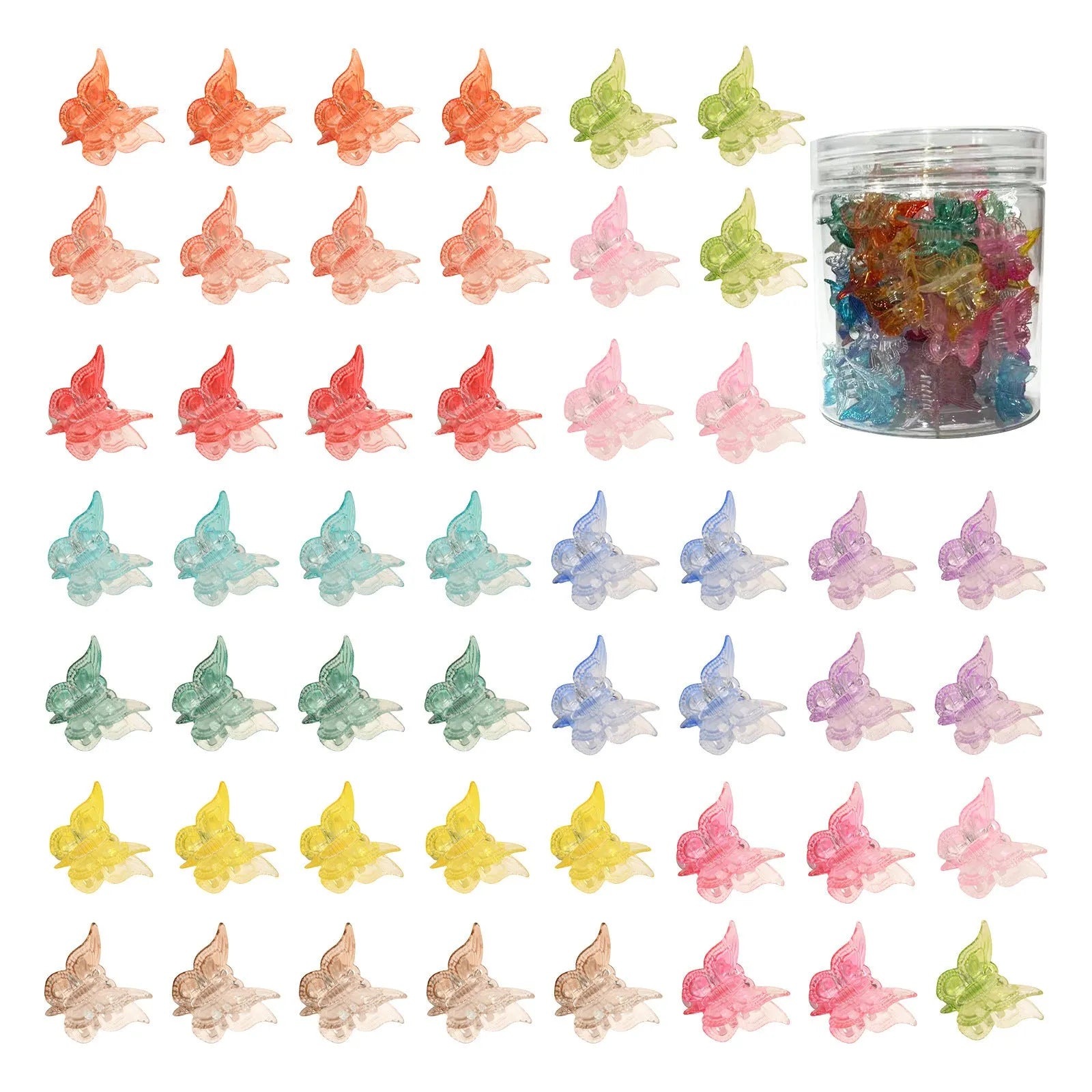 50 glitter butterfly hair claw clips in assorted colours on a white background.