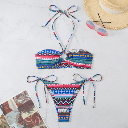 Halter women's split bikini swimsuit in polyester fabric showing colour options and halter neckline design