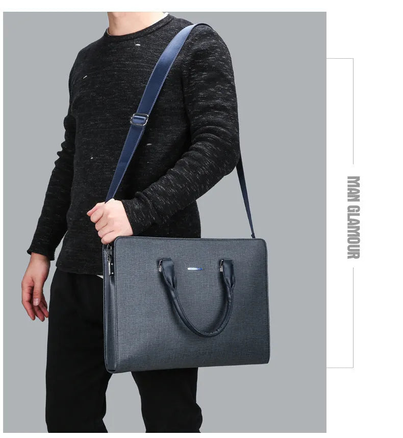 Men's one-shoulder PU leather business briefcase, large blue or black horizontal square zip handbag