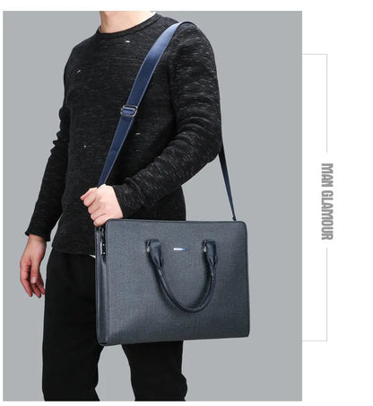 Men's one-shoulder PU leather business briefcase, large blue or black horizontal square zip handbag