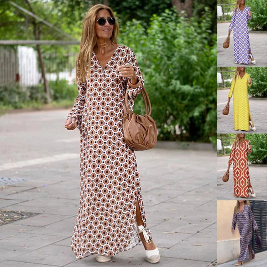 Elegant geometric print V-neck long sleeve dress for women in various colors