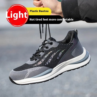 Men's black grey electrician safety shoes with plastic toe cap and low-top design
