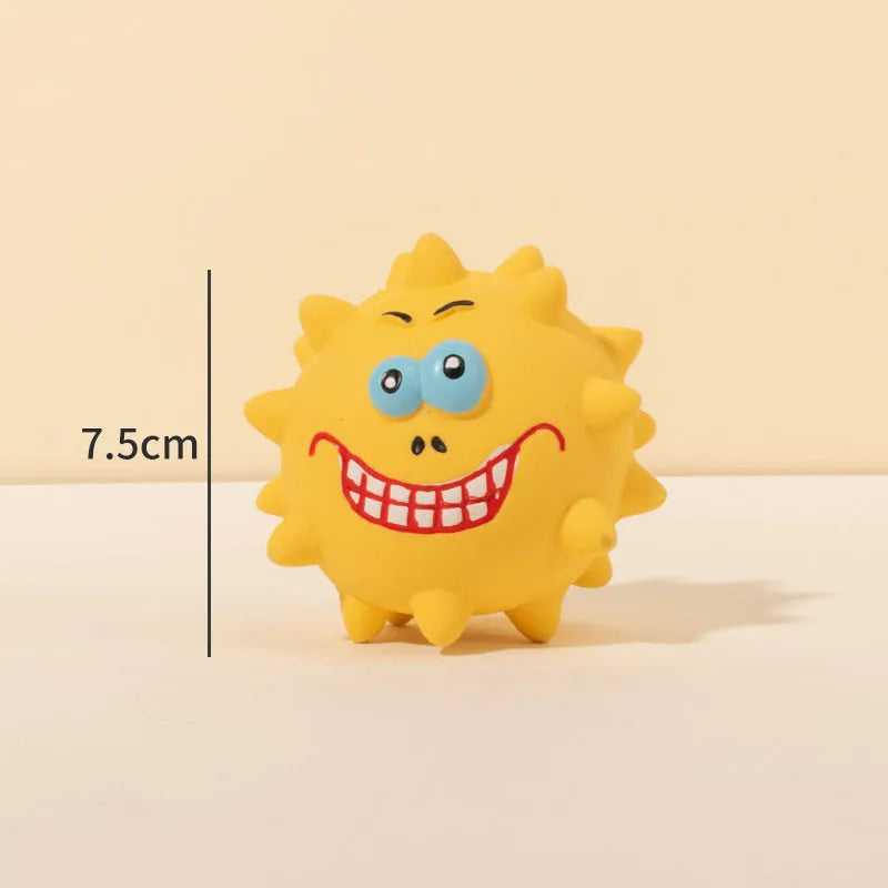 Four natural latex dog squeaky toys with bumpy surfaces and cute faces in blue, green, red, and yellow colours