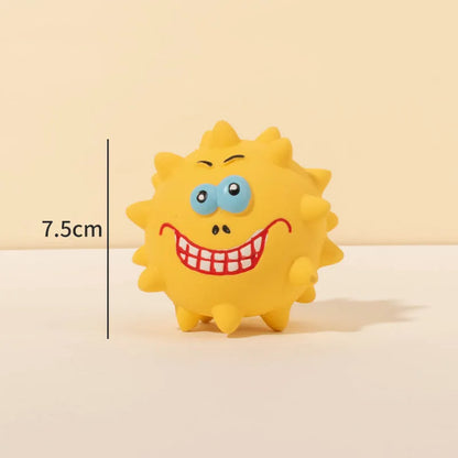 Four natural latex dog squeaky toys with bumpy surfaces and cute faces in blue, green, red, and yellow colours