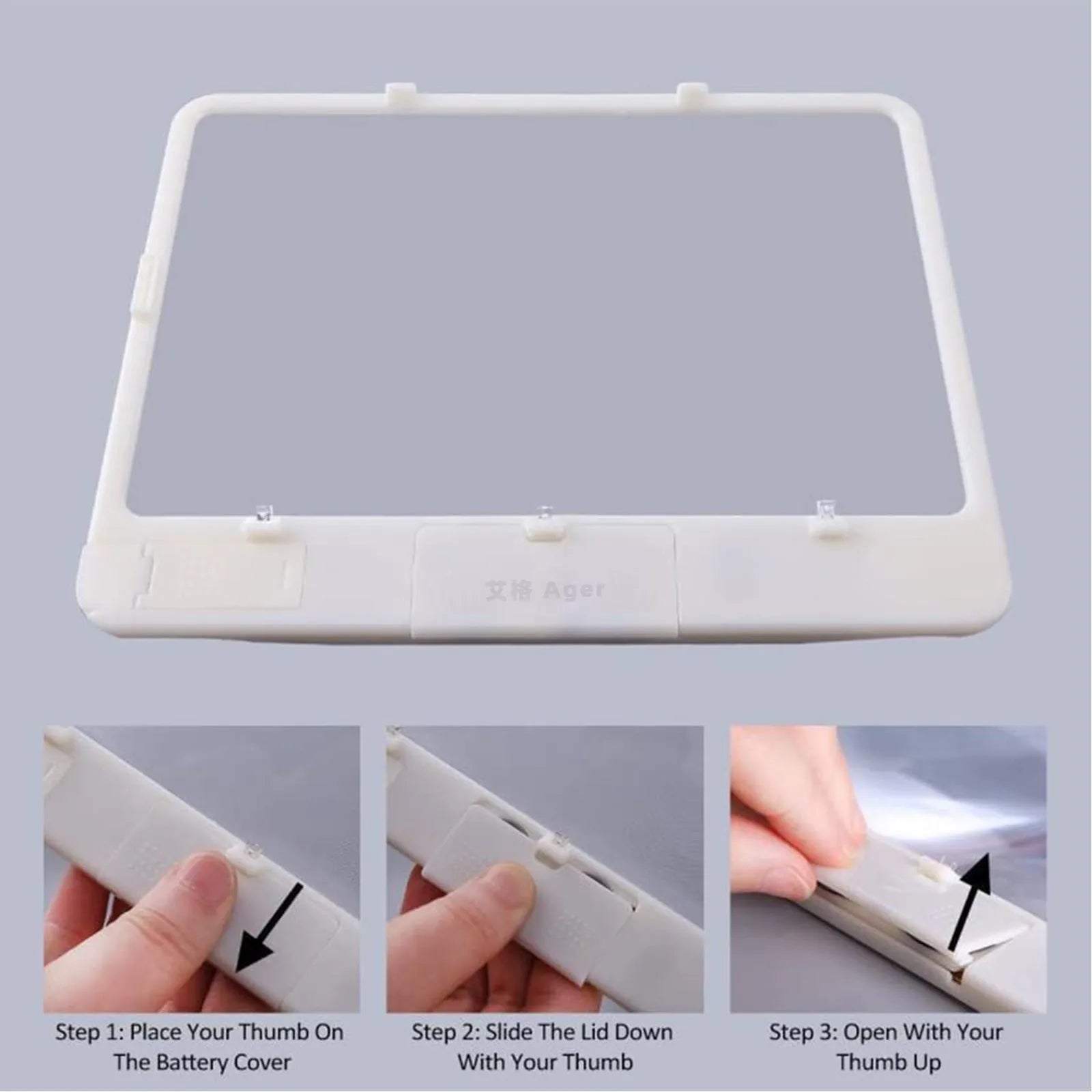 Black desktop LED magnifying glass with 3x magnification and a large 180x140mm PVC lens lit by three white LEDs.