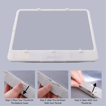 Black desktop LED magnifying glass with 3x magnification and a large 180x140mm PVC lens lit by three white LEDs.