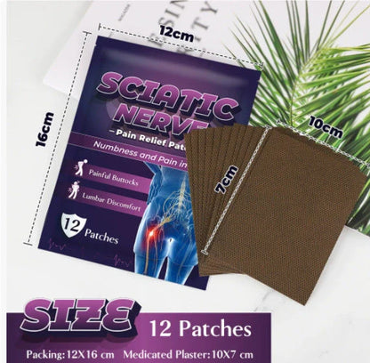Sciatic Nerve Acupoint Patch showing plaster form with 12 patches per bag, each patch 26g