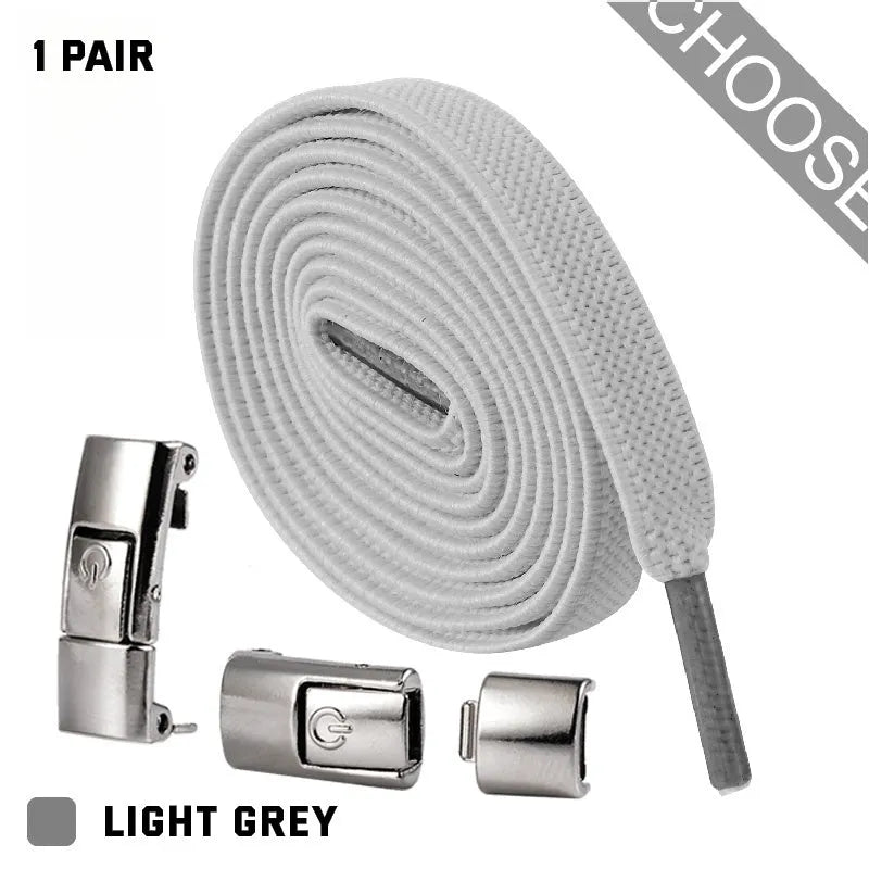 Press lock elastic shoelace with 8mm widened flat profile in assorted colours.
