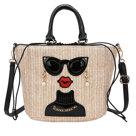 Fashion Cartoon Straw Shoulder Messenger Bag with Adjustable Strap and Zippered Closure