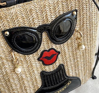 Fashion Cartoon Straw Shoulder Messenger Bag with Adjustable Strap and Zippered Closure