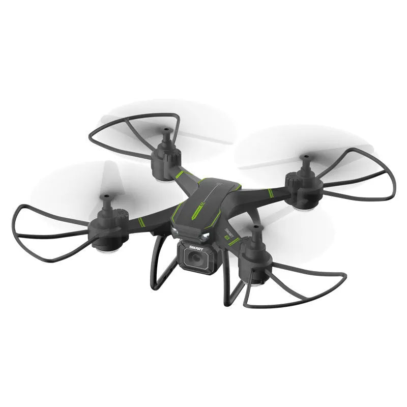 Blue remote control drone with four propellers and protective frame for aerial photography