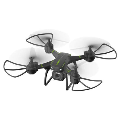 Blue remote control drone with four propellers and protective frame for aerial photography
