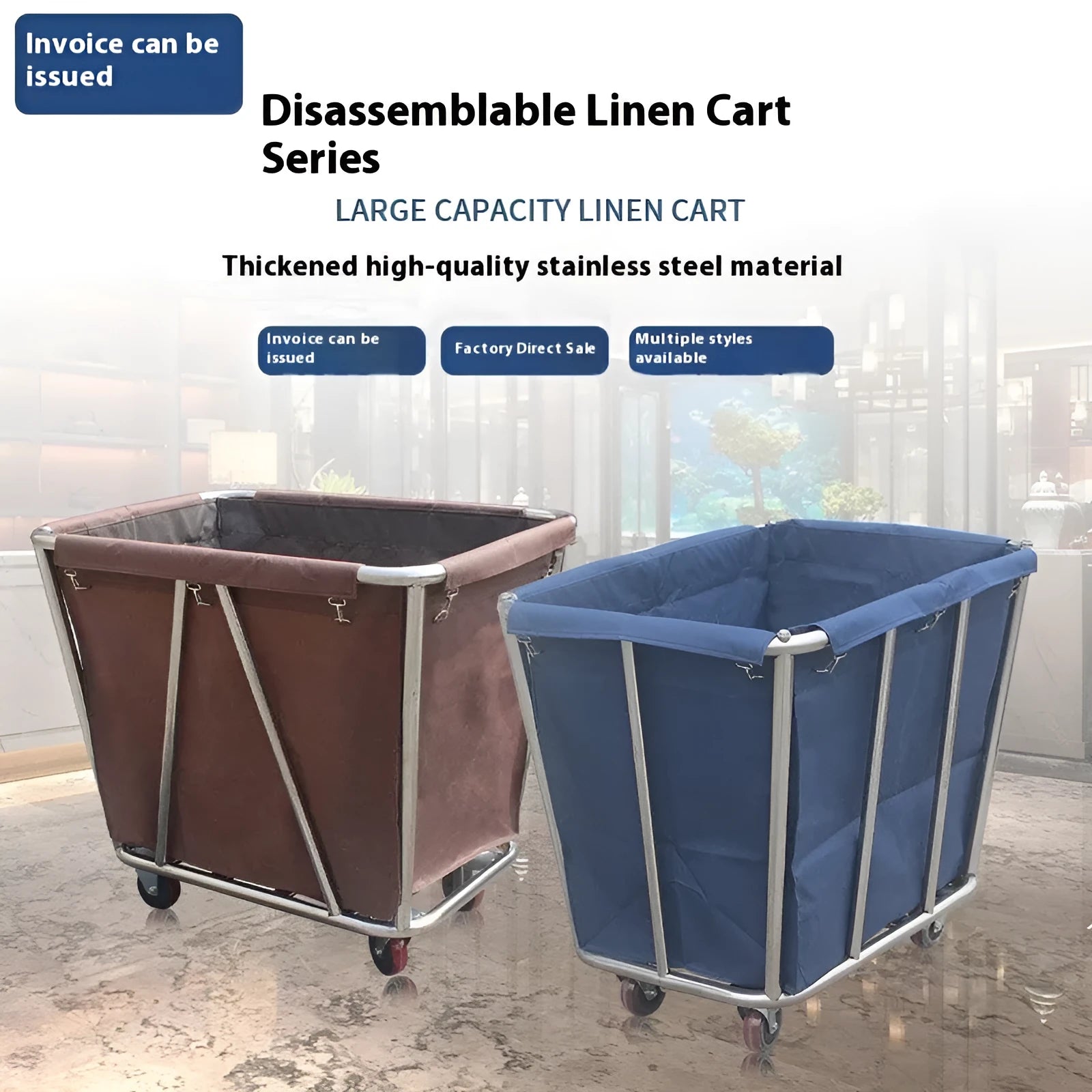 Stainless steel hotel linen trolley with multiple tubes for housekeeping linen transport