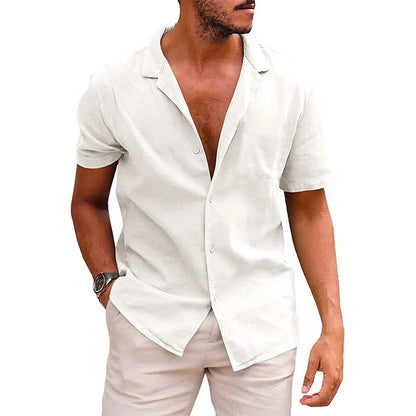 Men's linen-cotton blend short sleeve button down shirt in various colours