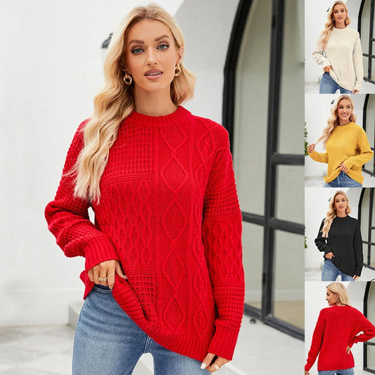 Women's casual round-neck pullover sweater with cable-knot pattern in various colours