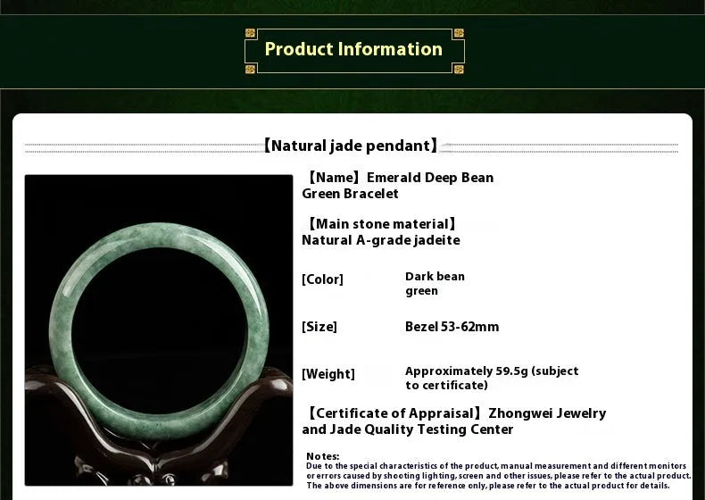 Natural deep pea green jade bracelet on wrist, simple style with certificate and gift box.
