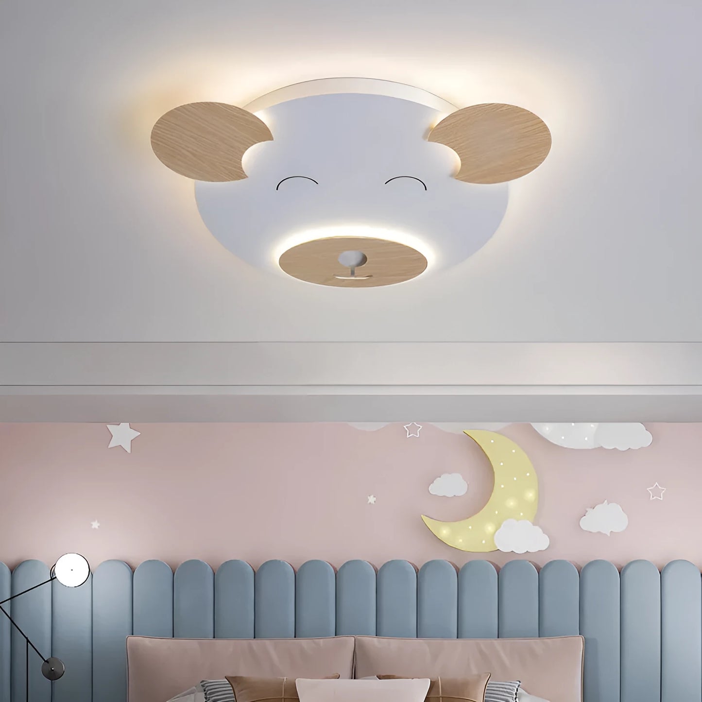 Modern white cartoon bear design ceiling lamp for a princess bedroom, shown in two size options.