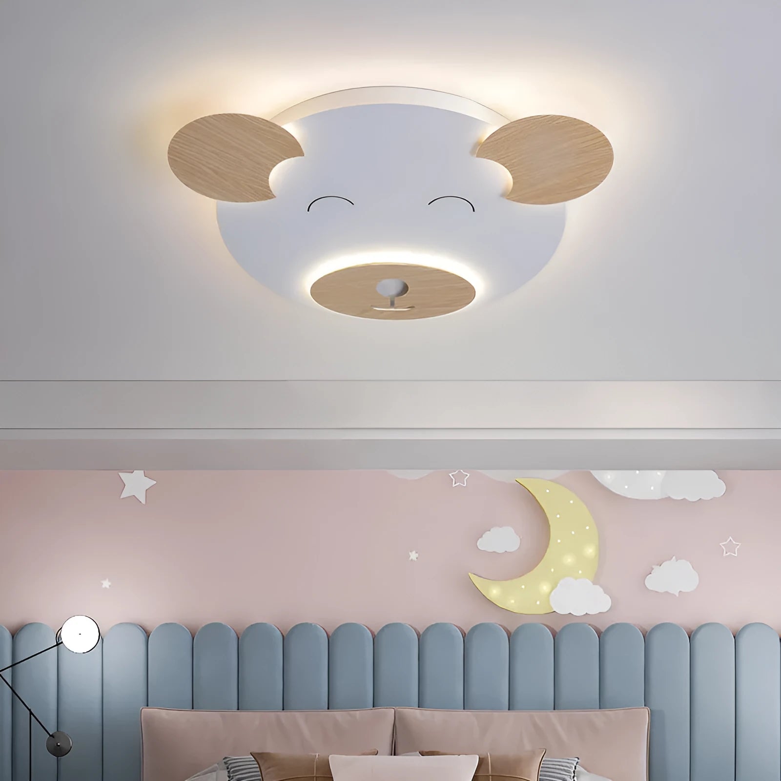 Modern white cartoon bear design ceiling lamp for a princess bedroom, shown in two size options.