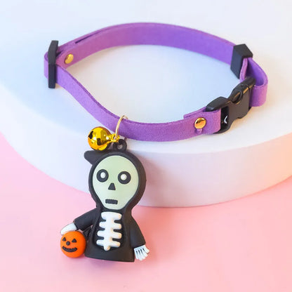 Halloween pet collar with luminous designs in Pumpkin Man, Luminous Brat, and Luminous Skull patterns, adjustable sizes 16-56cm