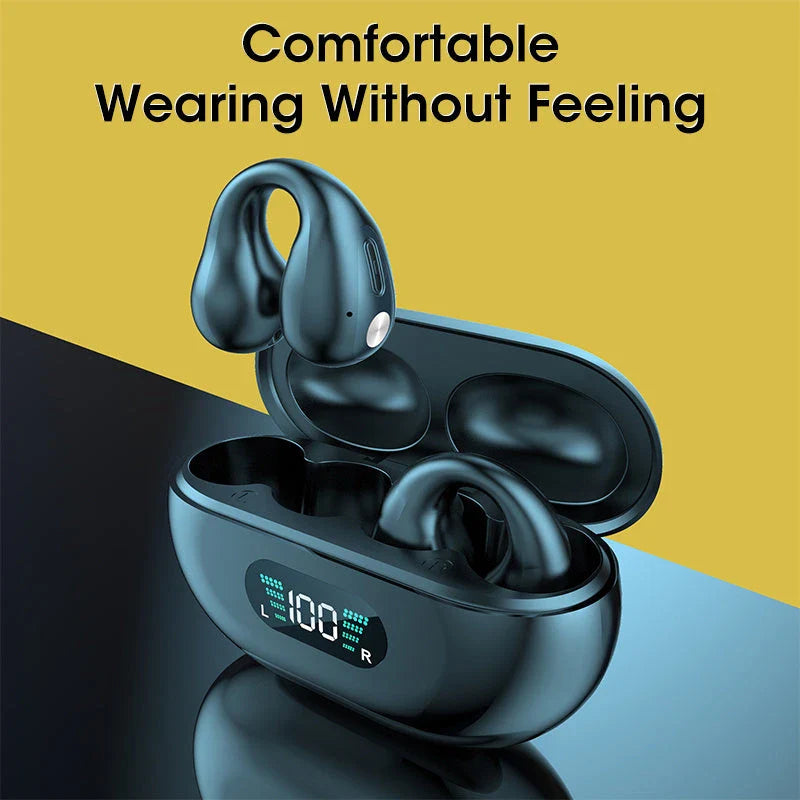 Bone conduction Bluetooth earphones with powerful bass, comfortable ear clip design, and long-lasting battery life